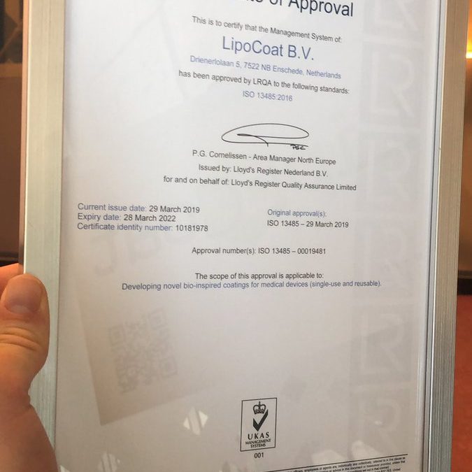 LipoCoat is proud to announce that our quality management system has been certified according to the standard ISO 13485:2016